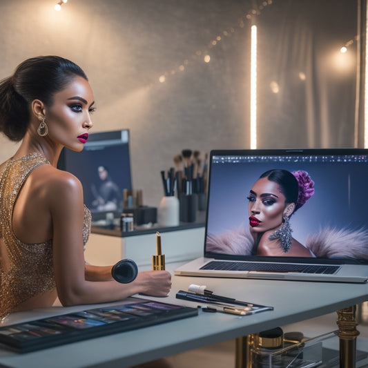 A glamorous, spotlit dancer in a sleek, modern studio, surrounded by makeup brushes, palettes, and mirrors, with a laptop open to an online course webpage in the foreground.