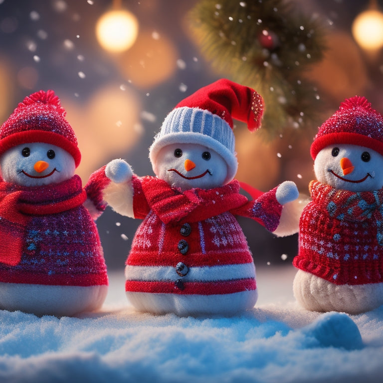 A whimsical winter scene featuring three dancing snowmen, each wearing scarves and top hats, standing on a vibrant red heart-patterned throw blanket, surrounded by snowflakes and pinecones.