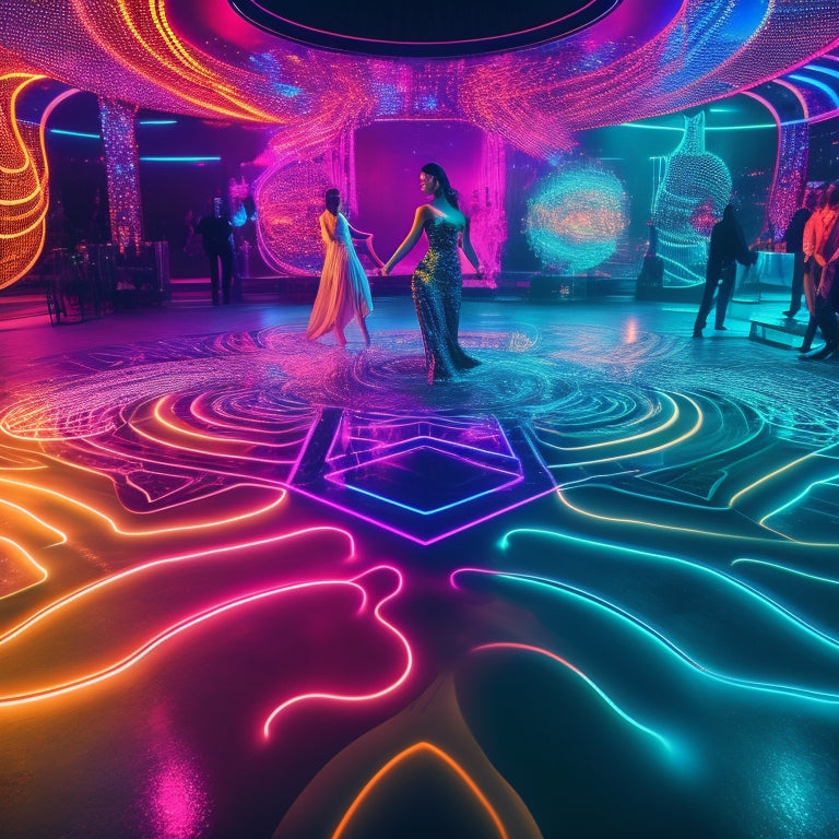 A futuristic, neon-lit dance floor with a holographic makeup design interface floating above, surrounded by swirling patterns of colorful lights and abstract digital shapes.