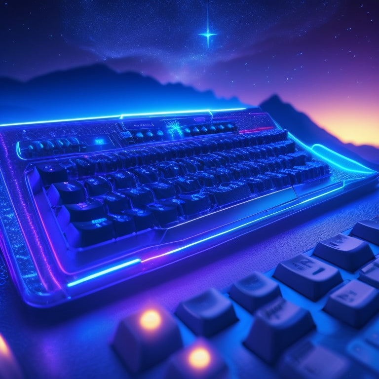 A futuristic, neon-lit keyboard with glowing blue circuitry patterns, surrounded by swirling sound waves and musical notes, set against a dark, starry night sky background.