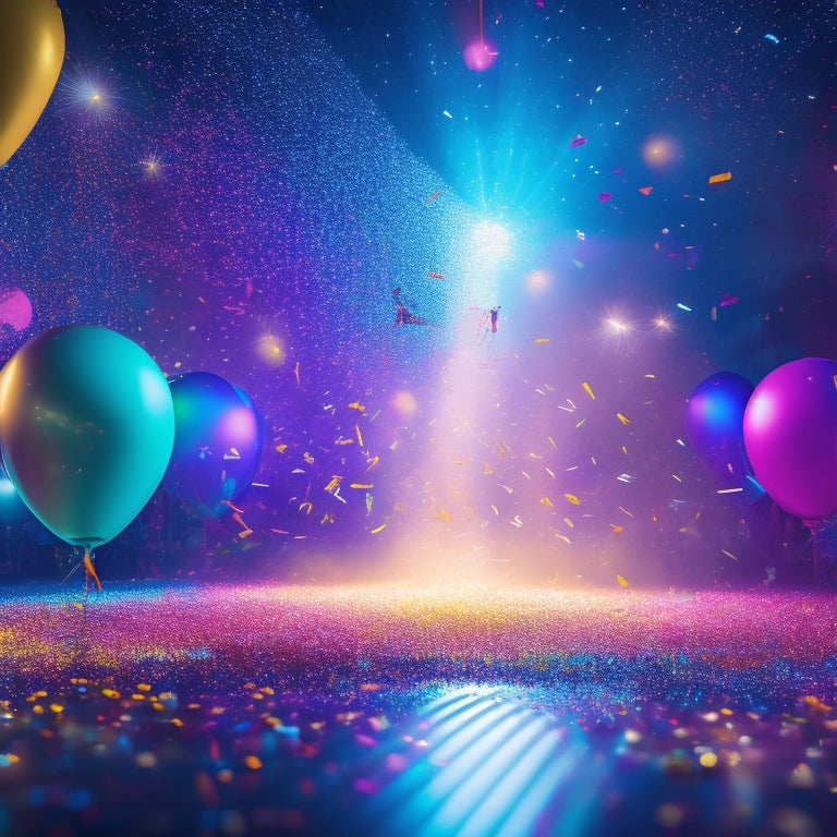 A vibrant, dynamic illustration featuring a splash of colorful confetti, balloons, and glittering lights surrounding a stylized, modern dance floor with a hint of spotlight beams.