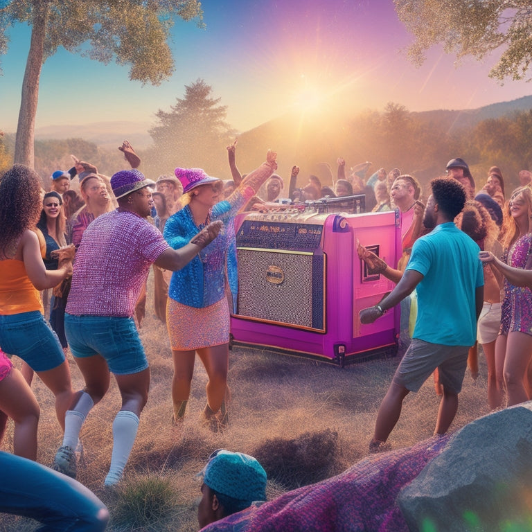 Vibrant, colorful illustration of a portable dance party scene: a boombox, flashing lights, and people of diverse ages and abilities dancing on a sunny hilltop surrounded by trees and confetti.