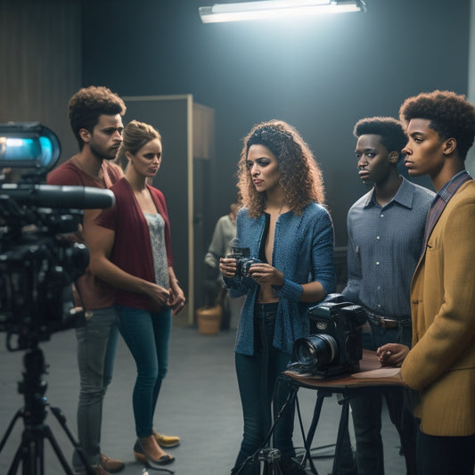 A bright, modern film set with a diverse group of young adults in the background, busy with equipment and scripts, while a spotlight shines on a solitary, eager trainee in the foreground, holding a camera.