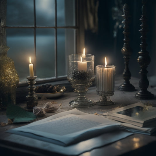 A dreamy, moonlit scene with a vintage, ornate mirror reflecting a misty, starry night sky, surrounded by scattered, crumpled papers with scribbled poetry and forgotten, flickering candles.