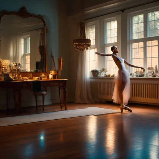 A serene, dimly lit home studio with a dancer in a deep forward bend, surrounded by mirrors, ballet bars, and a few scattered dance shoes, with soft, warm lighting and subtle shadows.