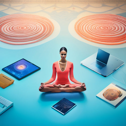 A serene, minimalist background with a flexible, yoga-pose-inspired illustration of a person, surrounded by subtle, swirling patterns of connected laptops and smartphones, conveying digital connection and flexibility.