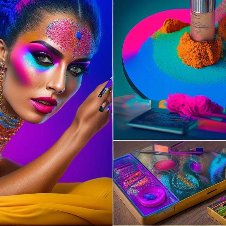 A split-screen image: a dancing woman with vibrant, colorful makeup on the left, and a laptop with a virtual classroom on the right, surrounded by makeup brushes and palettes.