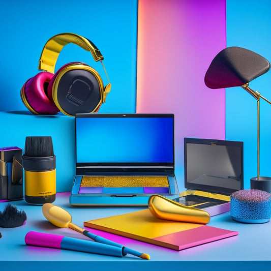 A bright, colorful background with a mix of makeup brushes, mirrors, and dance-inspired props like ballet shoes, headphones, and a laptop with a paused video tutorial on the screen.