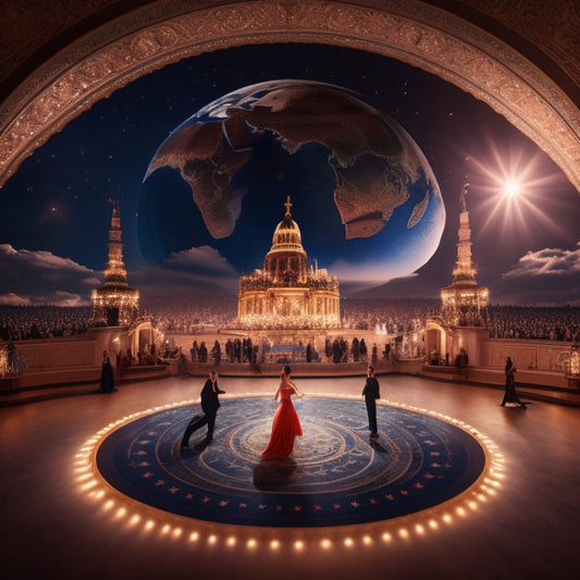 A stylized, globe-shaped dance floor with spotlights shining down, surrounded by miniature iconic landmarks from different countries, with dancing silhouettes of various styles and cultures in motion.