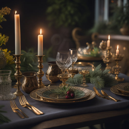 A delicate, ornate table setting with intricately designed, hand-painted glasses in various shapes and sizes, surrounded by soft, warm candlelight and lush greenery, against a dark, richly textured background.