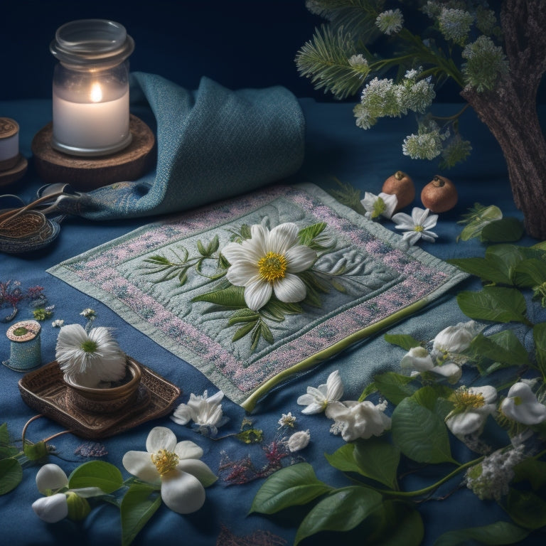 A whimsical illustration of a quilt with jasmine flowers and greenery intertwined, set against a soft, moonlit background, with a few scattered sewing tools and threads nearby.