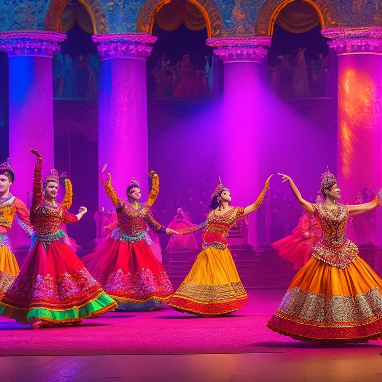 Vibrant stage lights illuminate a grand, ornate theater, where diverse dancers from around the world, adorned in traditional attire, come together in a joyous, dynamic dance fusion.