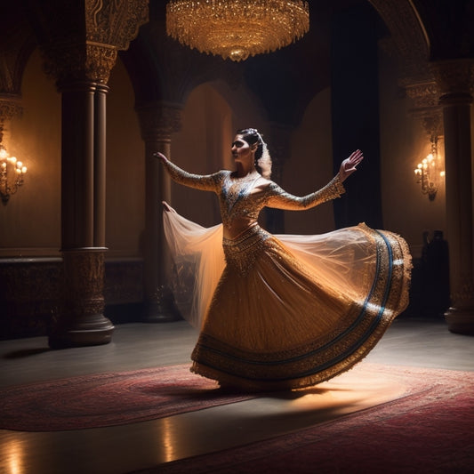 A serene, dimly lit dance studio with a lone, fit female dancer in the center, wearing a flowing, shimmering costume, executing a sensual, hip-isolating movement, surrounded by Middle Eastern-inspired patterns.