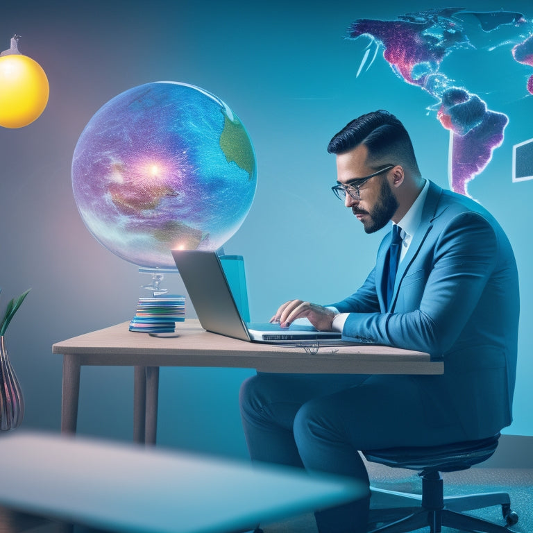 A colorful illustration depicting a professional instructor sitting in front of a laptop, surrounded by virtual whiteboards, online courses, and digital certificates, with globes and sparks in the background.