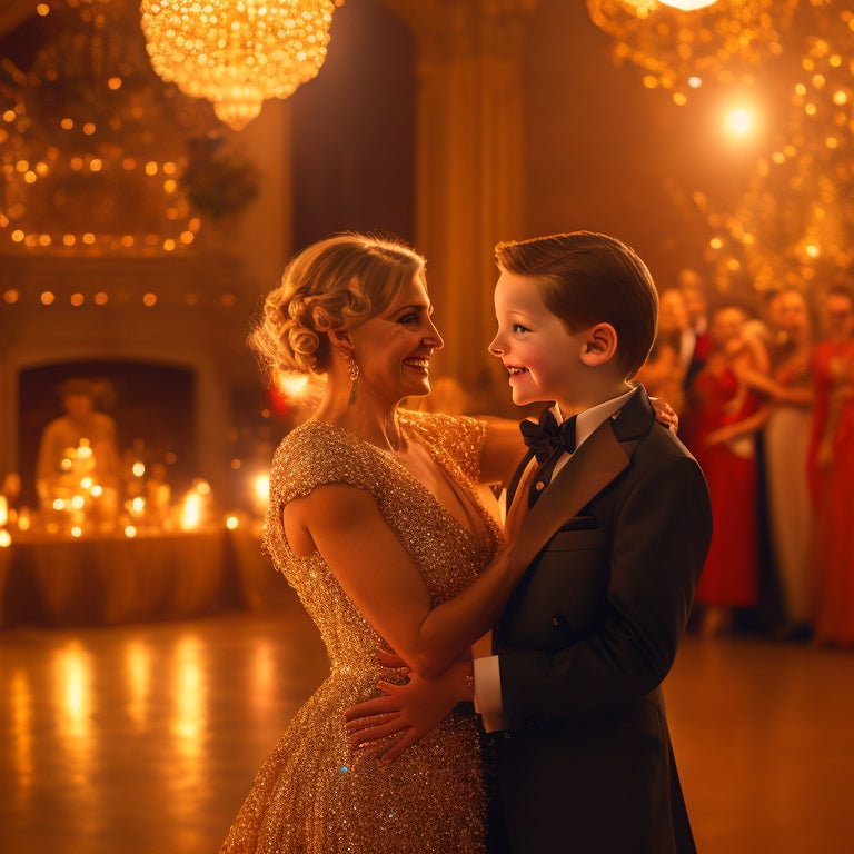 A warm, golden-lit ballroom scene: a beaming mother and son, dressed in formal attire, swaying to the music, surrounded by soft, twinkling lights and delicate, floating rose petals.