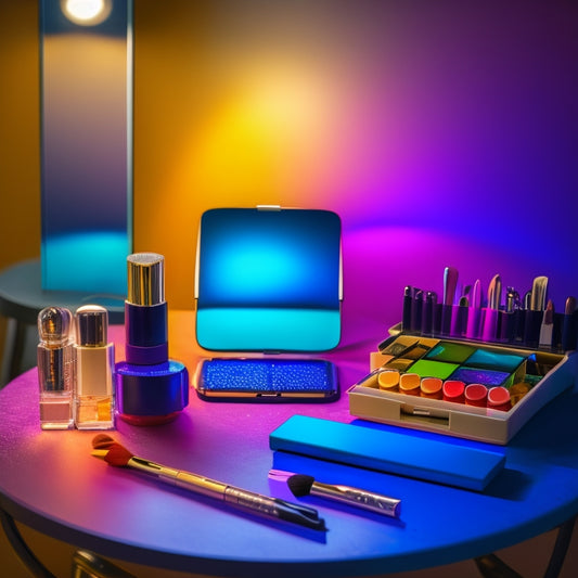 A dimly lit vanity with a ring light, surrounded by makeup brushes, palettes, and products, with a smartphone in the center, displaying a TikTok video of a makeup artist's hands creating a bold, colorful look.