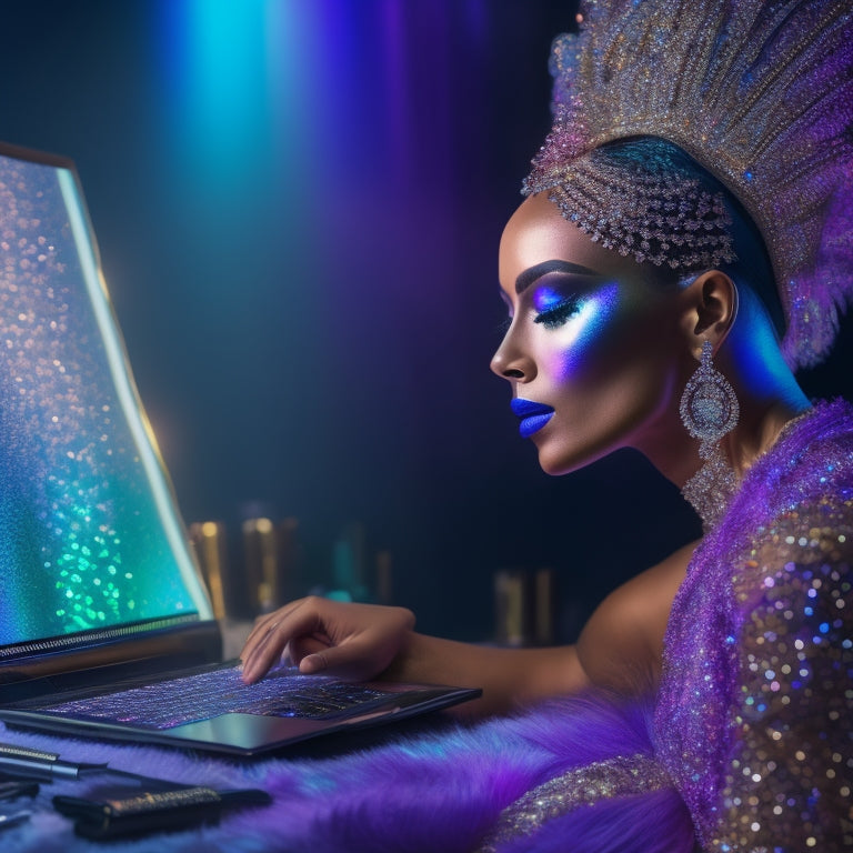 A glamorous, spot-lit dancer in a flowing, iridescent costume, surrounded by makeup brushes, mirrors, and shimmering eyeshadows, with a laptop or tablet in the background displaying a makeup tutorial.