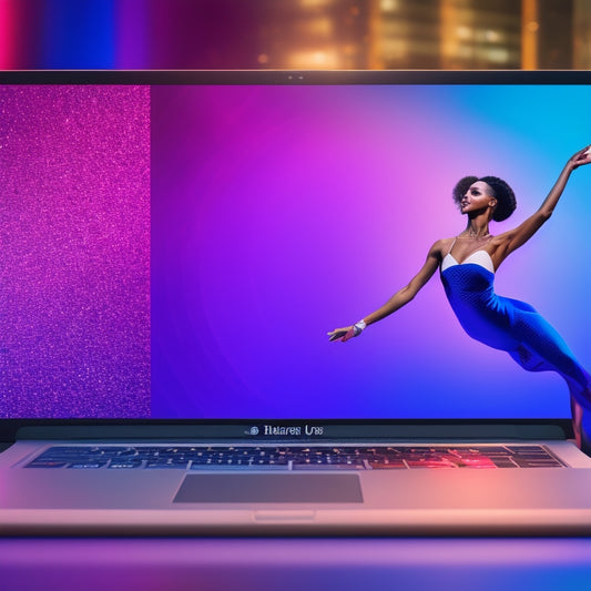 A vibrant illustration of a dancer in mid-pose, surrounded by smartphone and laptop screens displaying dance tutorials, with musical notes and dance floors blurred in the background.