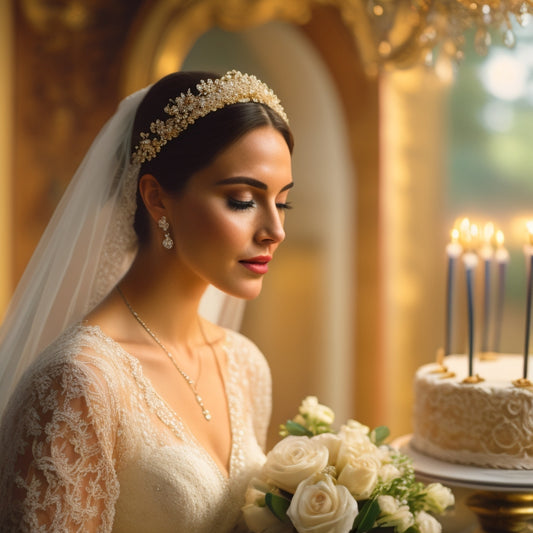 A serene, golden-lit wedding scene with a delicate, lace-trimmed veil flowing in the air, surrounded by soft, blooming flowers and a majestic, ornate wedding cake in the background.