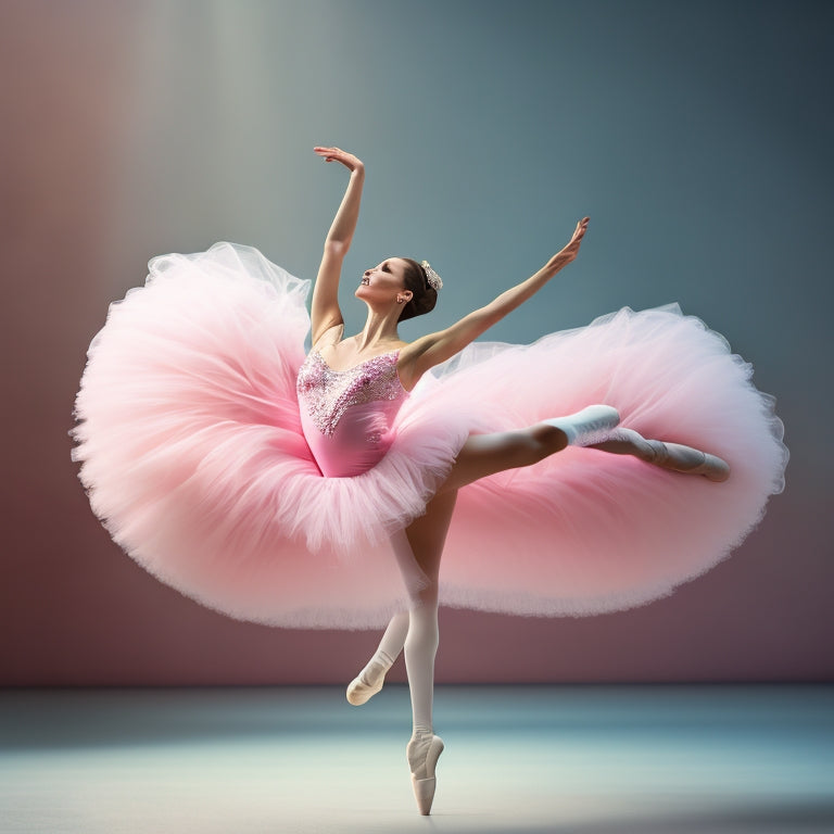 A whimsical illustration of a ballerina in mid-pirouette, her tutu fluttering, with a subtle hint of a tampon string peeking out from under her leotard, set against a soft, pastel-colored background.