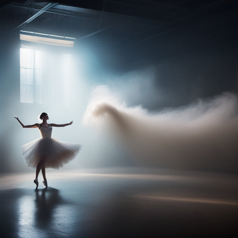 A dramatic, dimly lit dance studio with a lone, spotlighted dancer in mid-air, surrounded by swirling fog, with mirrors, ballet bars, and dark shadows, conveying intense focus and mastery.