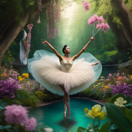 A whimsical illustration featuring a female dancer in a flowing tutu, surrounded by delicate flowers and leaves, with subtle hints of deodorant, wipes, and powder bottles in the background.