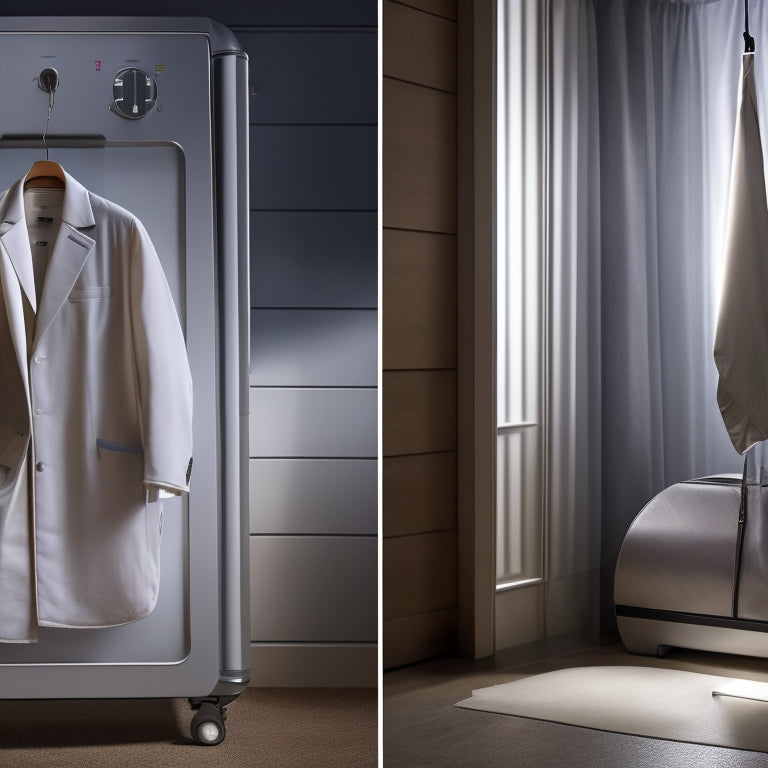 A split-screen image: a crumpled, wrinkled garment bag on the left, and a steaming hot dryer with a garment bag safely hanging outside on the right, with a subtle question mark above.