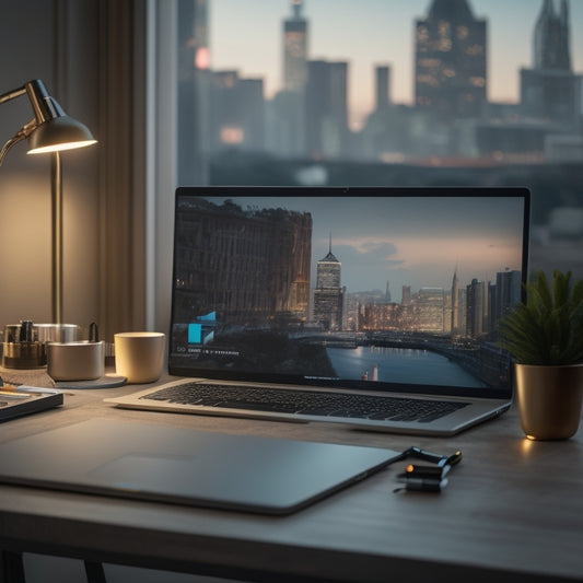 A modern, minimalist workspace with a sleek laptop, a few scattered makeup brushes, and a subtle cityscape background, illuminated by soft, warm lighting, conveying professionalism and creativity.