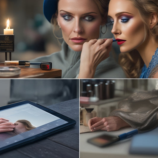 A split-screen image: on one side, a film makeup artist struggling to create a character's look, surrounded by scattered makeup and reference images; on the other, the same artist confidently working with a tablet and online tutorial open.