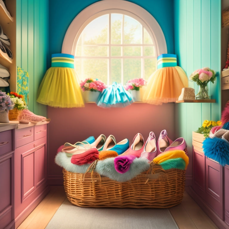 A whimsical, pastel-colored illustration of a dancer's closet, featuring a rainbow of skirts hung on velvet hangers, with a few folded neatly in a woven basket, surrounded by ballet shoes and flowers.