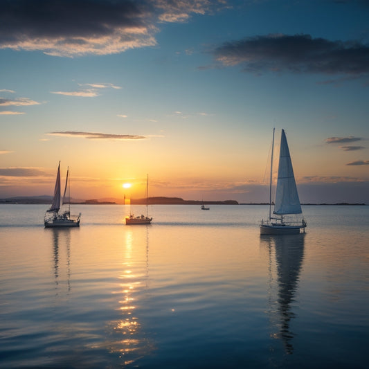 A serene seaside scene at dusk, featuring soft blue hues, gentle waves, and a few sailboats in the distance, set against a warm, golden-lit sky with a few wispy clouds.