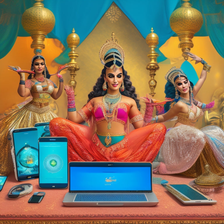 A whimsical illustration of a belly dancer surrounded by laptops, tablets, and smartphones, with virtual screens displaying dance tutorials and online course interfaces.