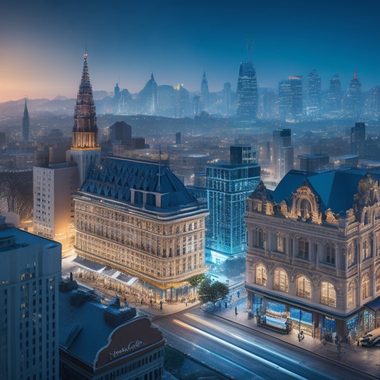 An illustration of a cityscape with various buildings and storefronts, each emitting a bright light or glow, with subtle search engine icons, like magnifying glasses or compasses, integrated into the architecture.