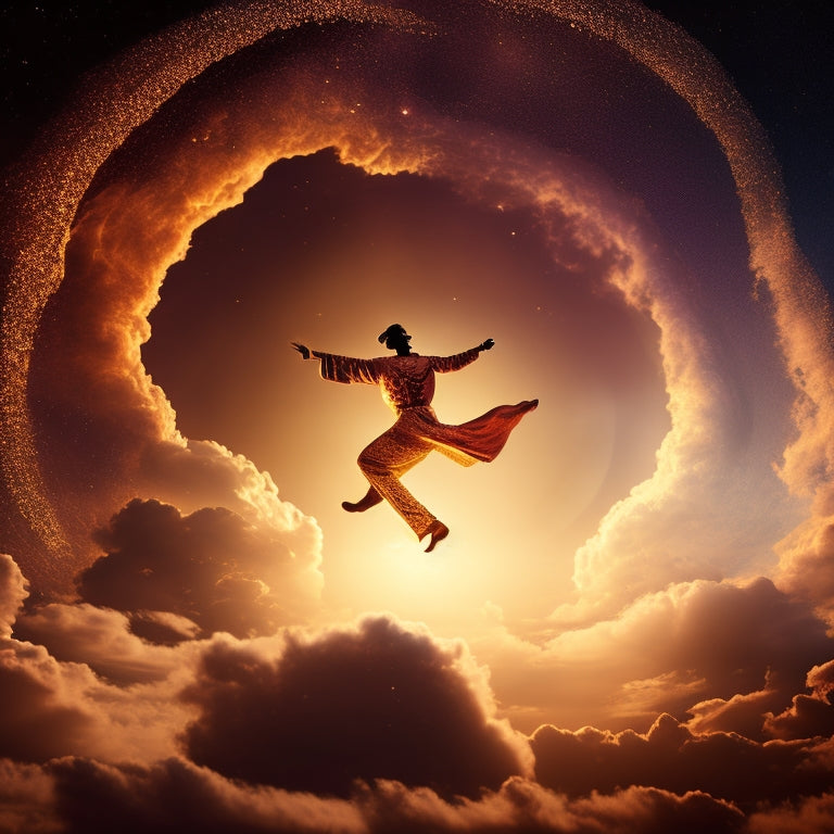 A whimsical illustration of a dancing figure, surrounded by swirling clouds and stars, with a subtle silhouette of Friedrich Nietzsche's profile in the background, set against a warm, golden sunset.