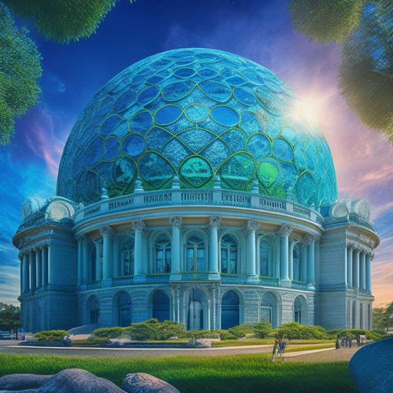 A stylized, futuristic illustration of the National Academy of Sciences building with swirling, vibrant brushstrokes of blue and green, surrounded by orbiting molecules and DNA helices.