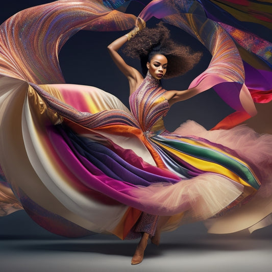 A stylized illustration of a dancer in motion, surrounded by swirling fabrics and abstract shapes, with subtle hints of fashion magazine layouts and digital screens in the background.