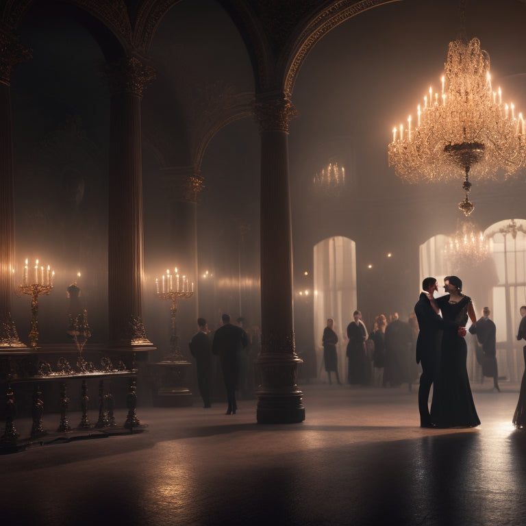 A dimly lit, misty ballroom filled with tango dancers in Victorian-era attire, surrounded by cobweb-covered candelabras and a massive, ornate mirror reflecting the eerie atmosphere.