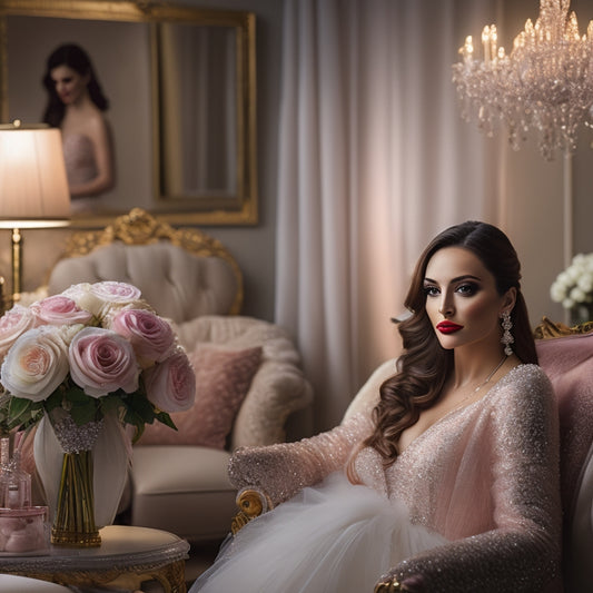 A elegant, soft-focus image of a beautifully lit, luxurious makeup studio with a bride-to-be sitting in a plush chair, surrounded by lavish fabrics, flowers, and sparkling makeup tools.