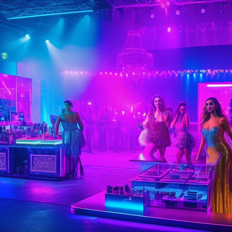 A vibrant, neon-lit dance floor at night, surrounded by makeup stations with glittering products, mirrors, and inspirational dance makeup looks displayed on tablets and laptops.