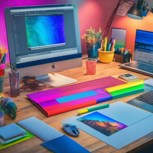 A messy desk cluttered with creative supplies, surrounded by colorful folders and papers, with a sleek laptop open to an After Effects interface in the center, showcasing a vibrant, swirling animation.