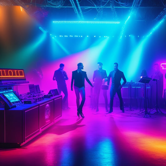 A vibrant illustration of a dimly lit dance floor, surrounded by neon lights, with a DJ spinning records in the background, and dancing silhouettes in the foreground.