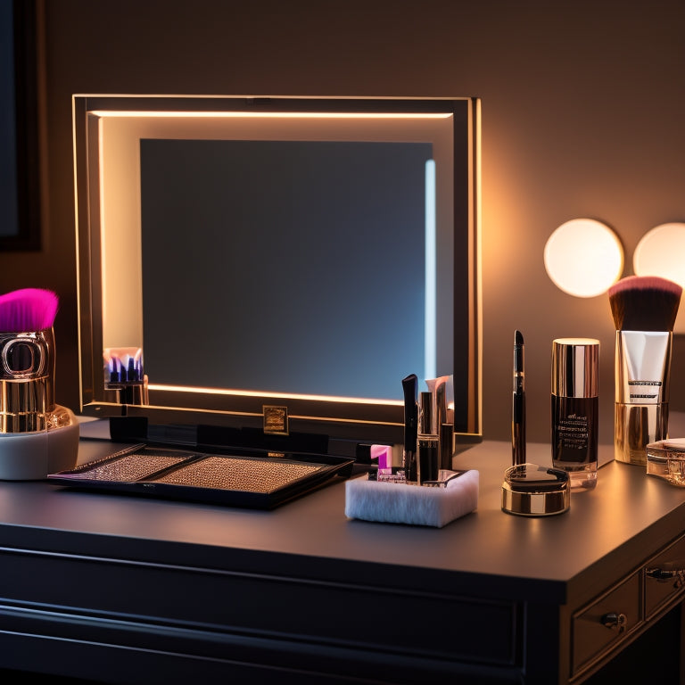 A beautifully lit, sleek vanity with a diverse array of makeup products and brushes, surrounded by mirrors, with a tablet or laptop displaying a dance makeup tutorial in the background.