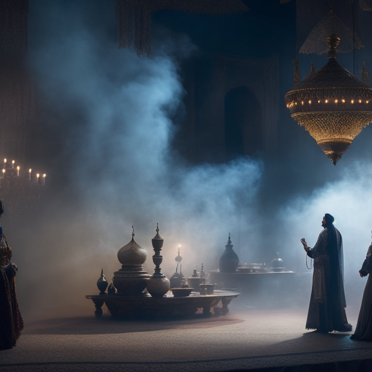 A mystical, moonlit Middle Eastern setting with a velvet-draped stage, adorned with intricate lanterns and ornate tapestries, surrounded by a haze of smoke and sensual, swirling mist.