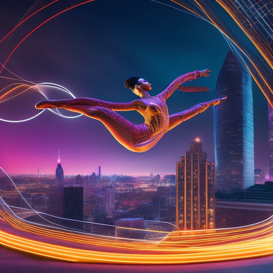 A stylized illustration of a dancer in motion, surrounded by swirling shapes and lines that morph into charts, graphs, and infographics, with a subtle cityscape or stage lights in the background.