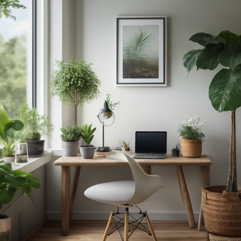 A serene home workspace with a minimalist desk, a single chair, and a few potted plants, surrounded by a subtle clock and calendar background, conveying organization and calmness.