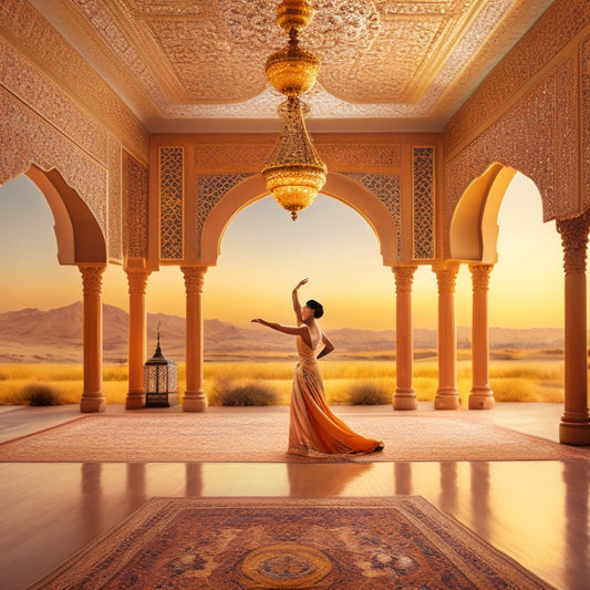 A warm, golden-lit dance studio with intricately patterned Middle Eastern-inspired tiles, featuring a solitary dancer in mid-pose, surrounded by flowing silks and ornate lanterns, with a subtle desert landscape mural in the background.