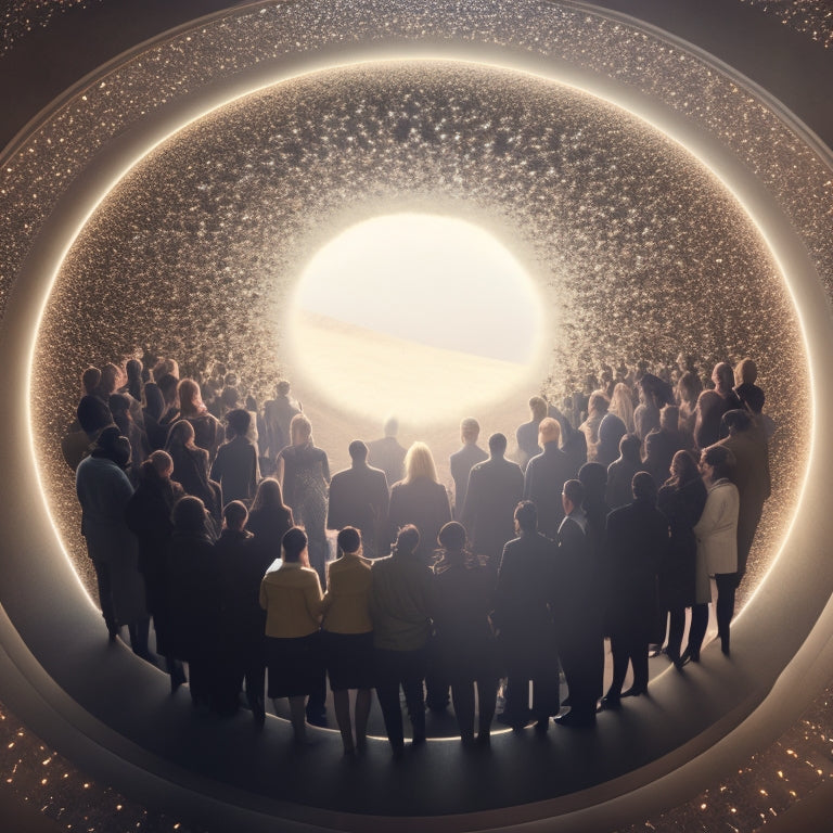 A stylized, interconnected web of diverse human silhouettes, forming a cohesive circle, surrounded by subtle, radiating light, with gentle, swirling patterns evoking movement and collective growth.