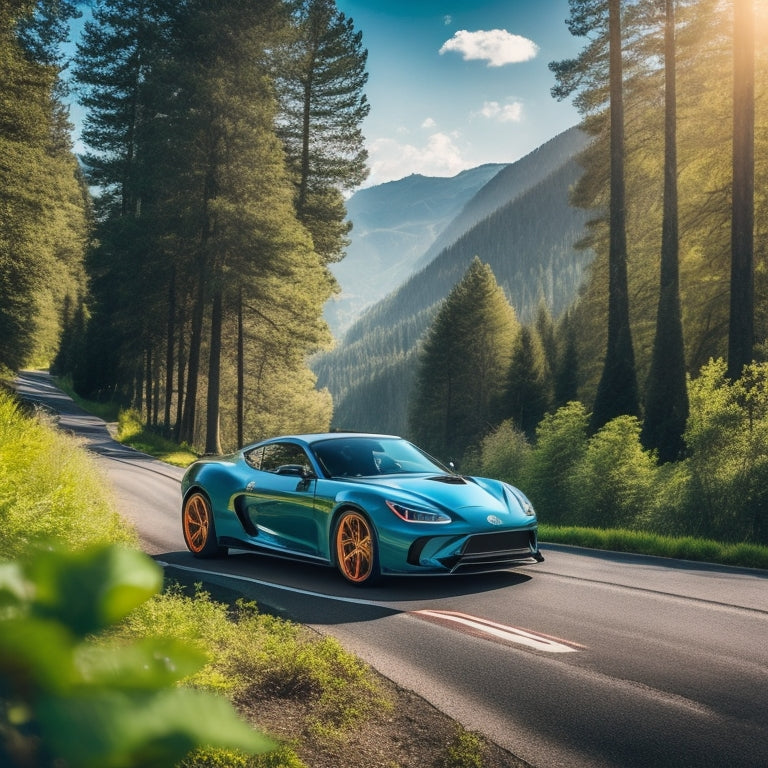 A sleek sports car with aerodynamic lines, gleaming carbon fiber accessories, and high-performance tires racing on a winding mountain road, surrounded by vibrant green trees and a clear blue sky, conveying speed and excitement.