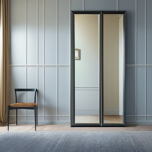 An illustration of a full-length mirror hung on a wall with a subtle grid background, measuring lines extending from the floor to the mirror's bottom edge, and a faint human silhouette in the mirror's reflection.