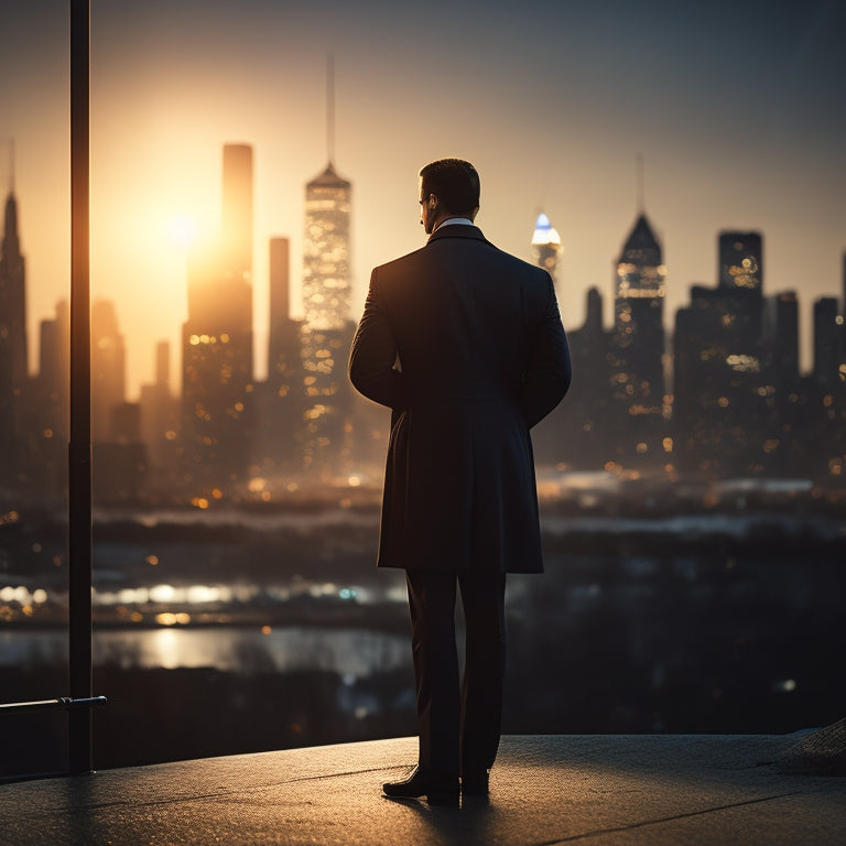 A spotlight shining down on a solitary figure standing in front of a city skyline at dusk, with a subtle hint of a script or playbill in the foreground.